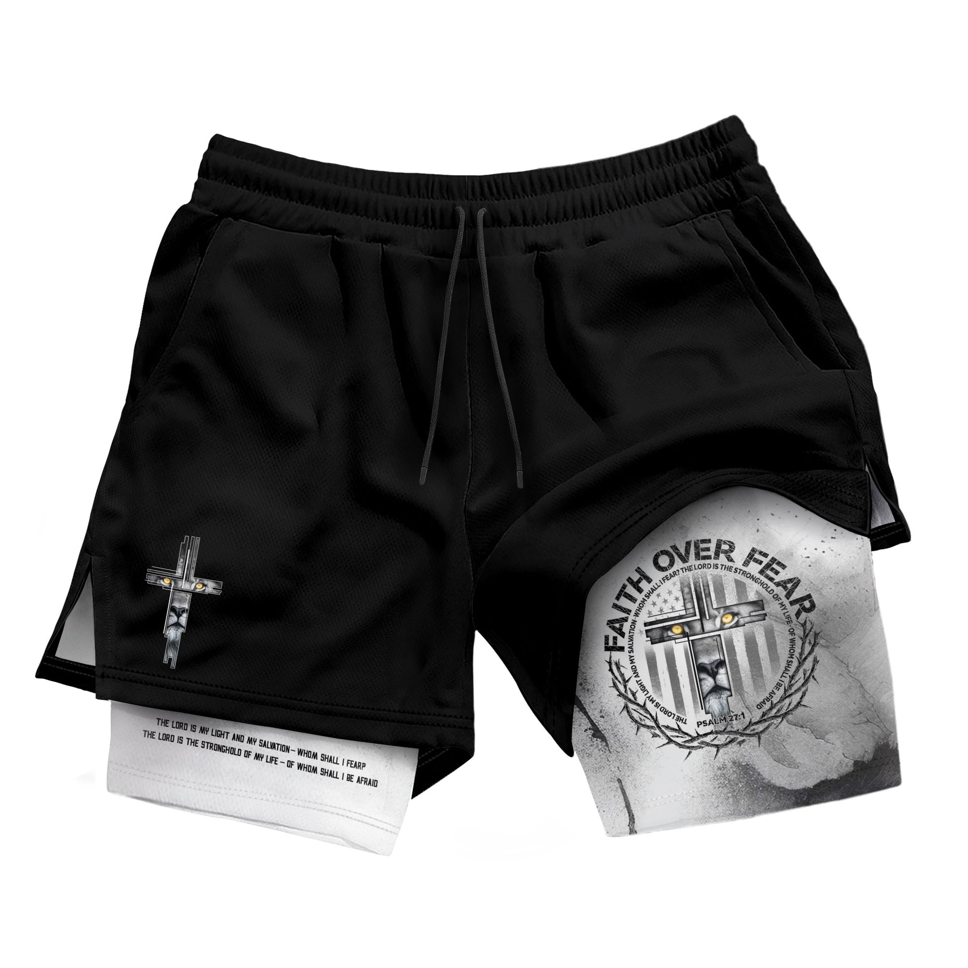 Faith Over Fear Christian Gym Shorts for Men Psalm 27:1 Armor Cross Lion - Rust Field Wear