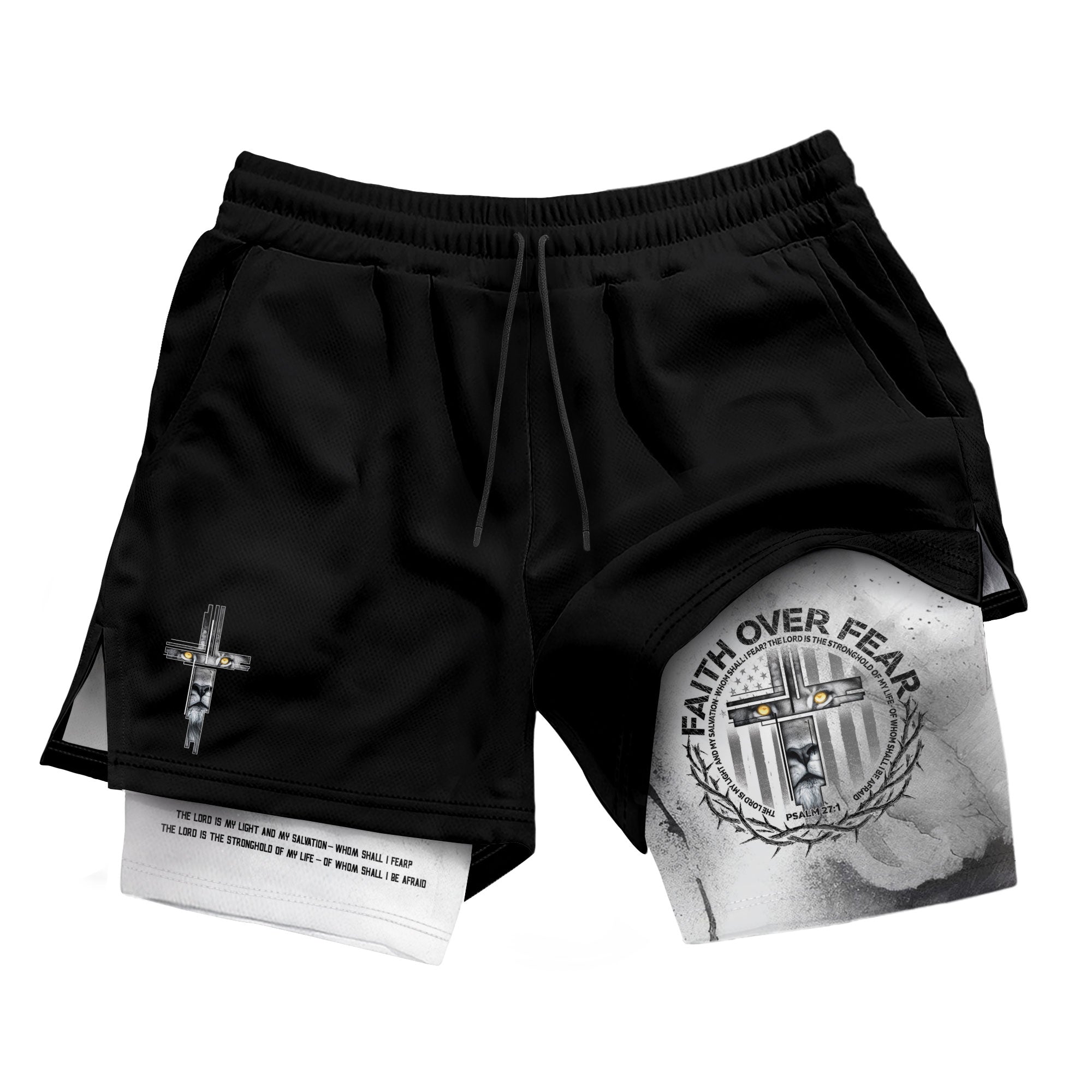 Faith Over Fear Christian Gym Shorts for Men Psalm 27:1 Armor Cross Lion - Rust Field Wear