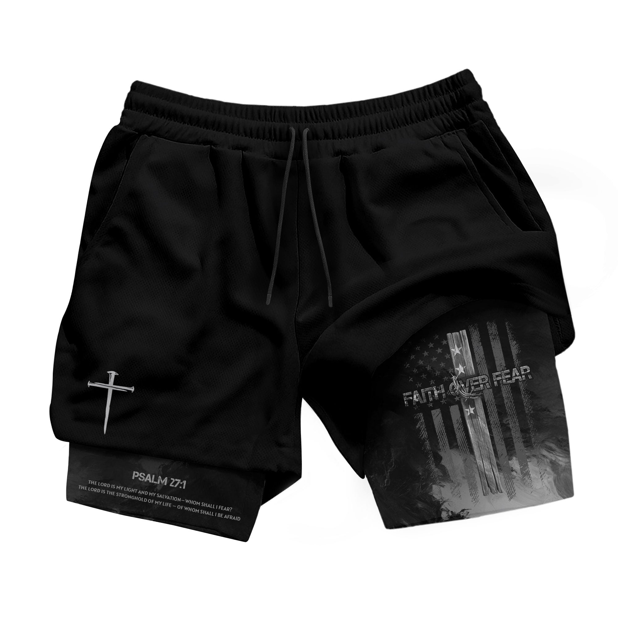Faith Over Fear Christian Gym Shorts for Men Psalm 27 1 American Flag Cross