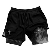 Faith Over Fear Christian Gym Shorts for Men Psalm 27:1 American Flag Cross - Rust Field Wear