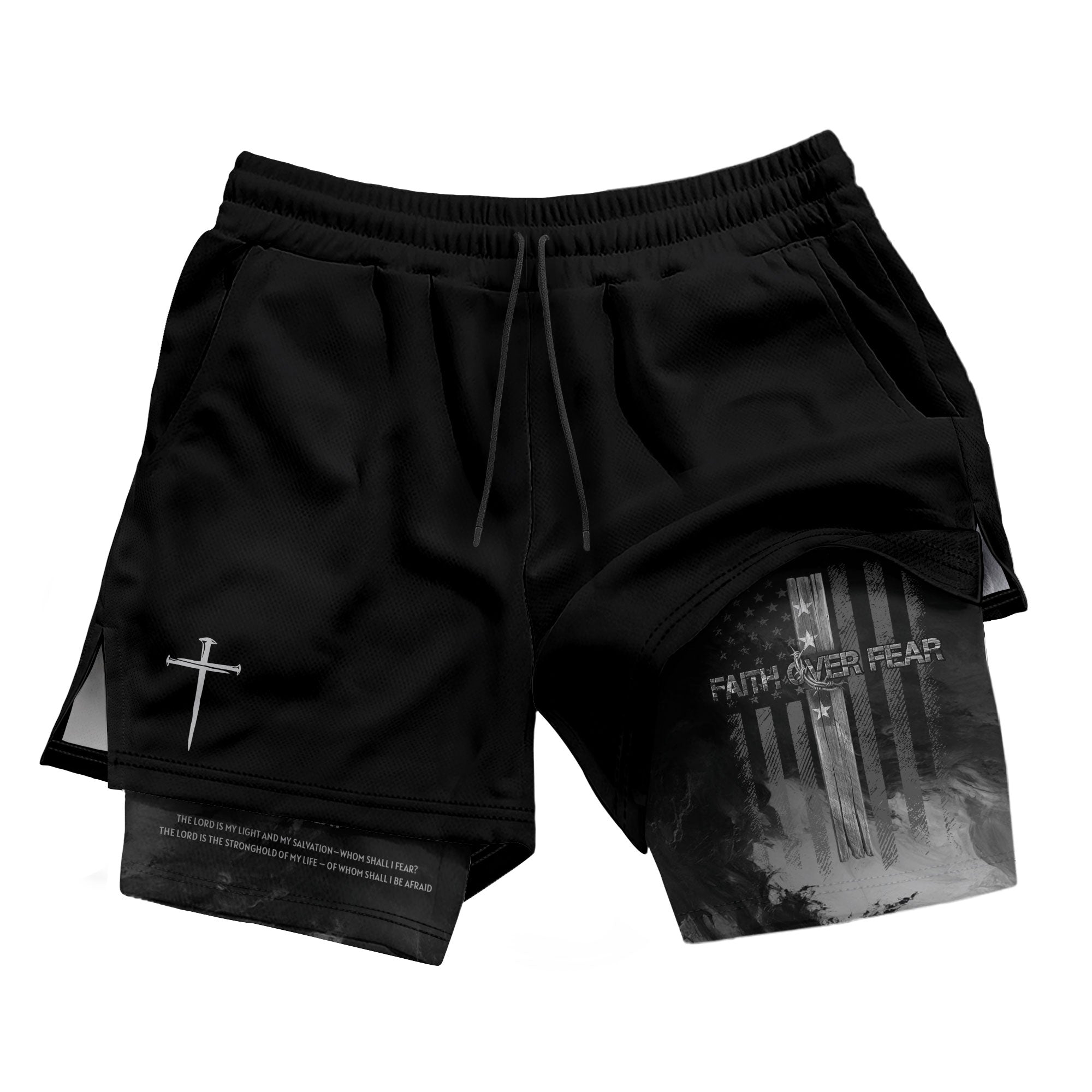 Faith Over Fear Christian Gym Shorts for Men Psalm 27:1 American Flag Cross - Rust Field Wear