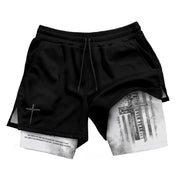 Faith Over Fear Christian Gym Shorts for Men Psalm 27:1 White Flag Cross - Rust Field Wear