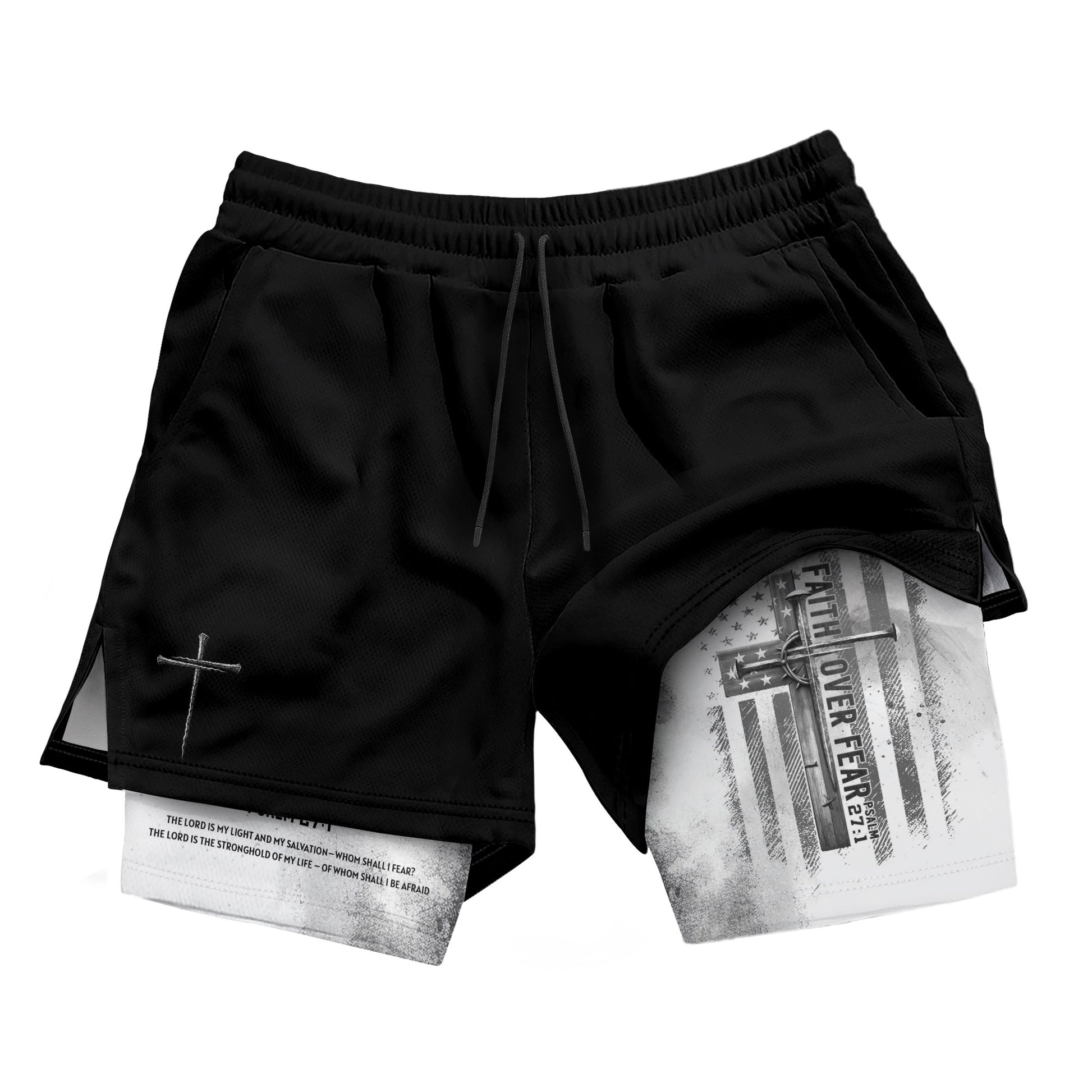 Faith Over Fear Christian Gym Shorts for Men Psalm 27:1 White Flag Cross - Rust Field Wear