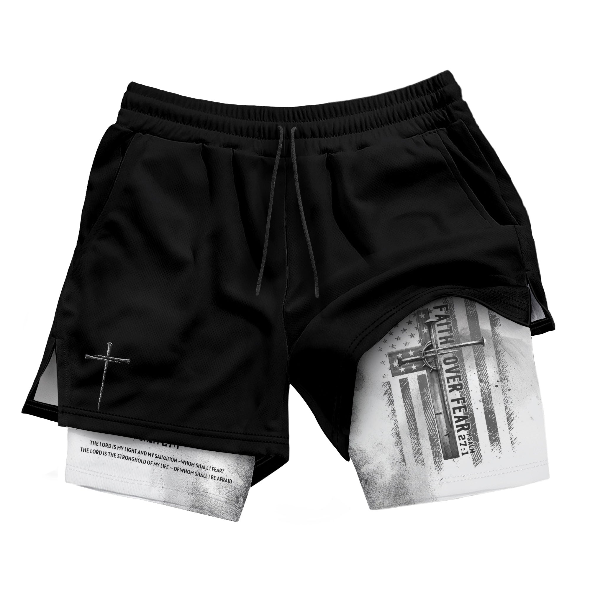 Faith Over Fear Christian Gym Shorts for Men Psalm 27:1 White Flag Cross - Rust Field Wear