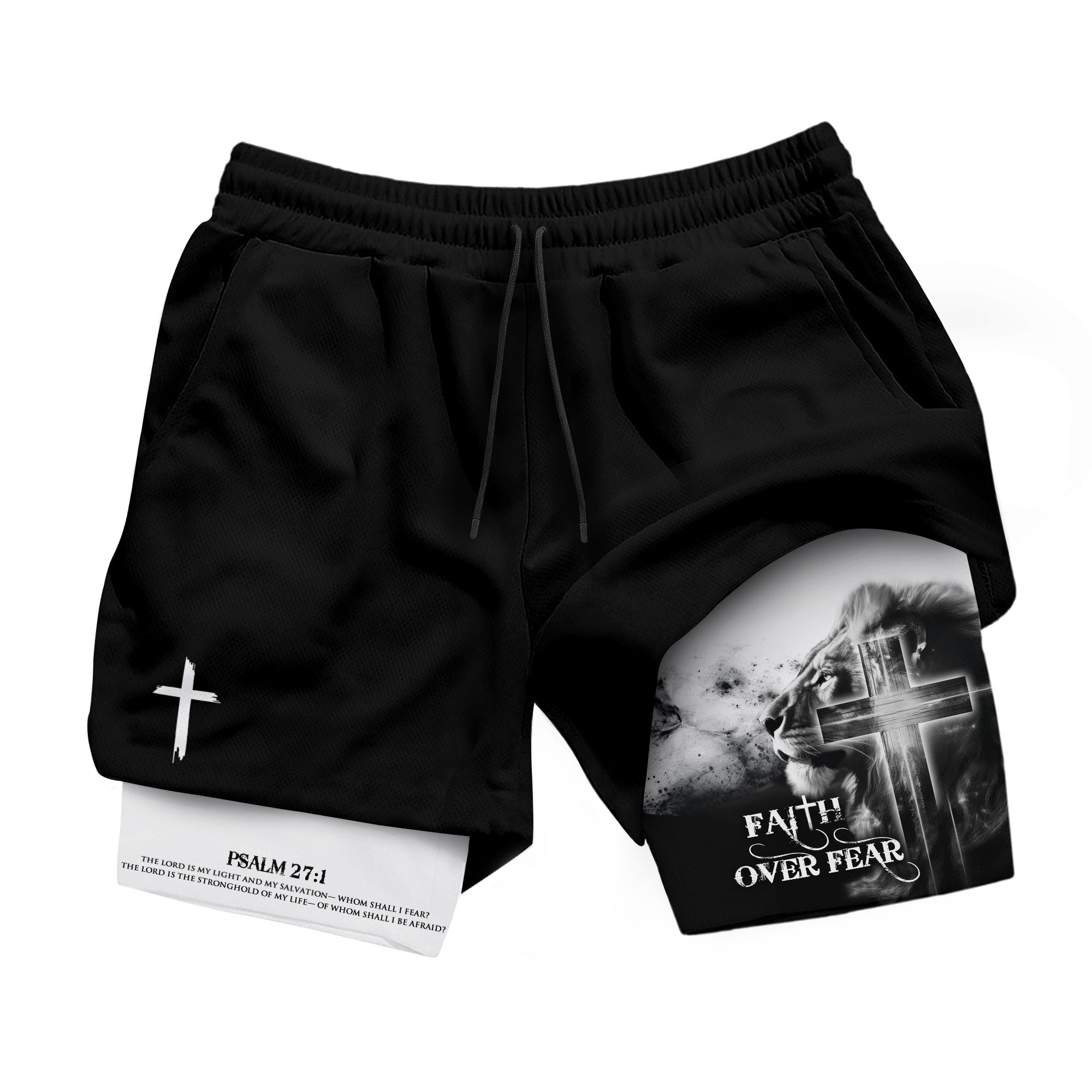 Faith Over Fear Christian Gym Shorts for Men – Psalm 27:1 Lion Cross