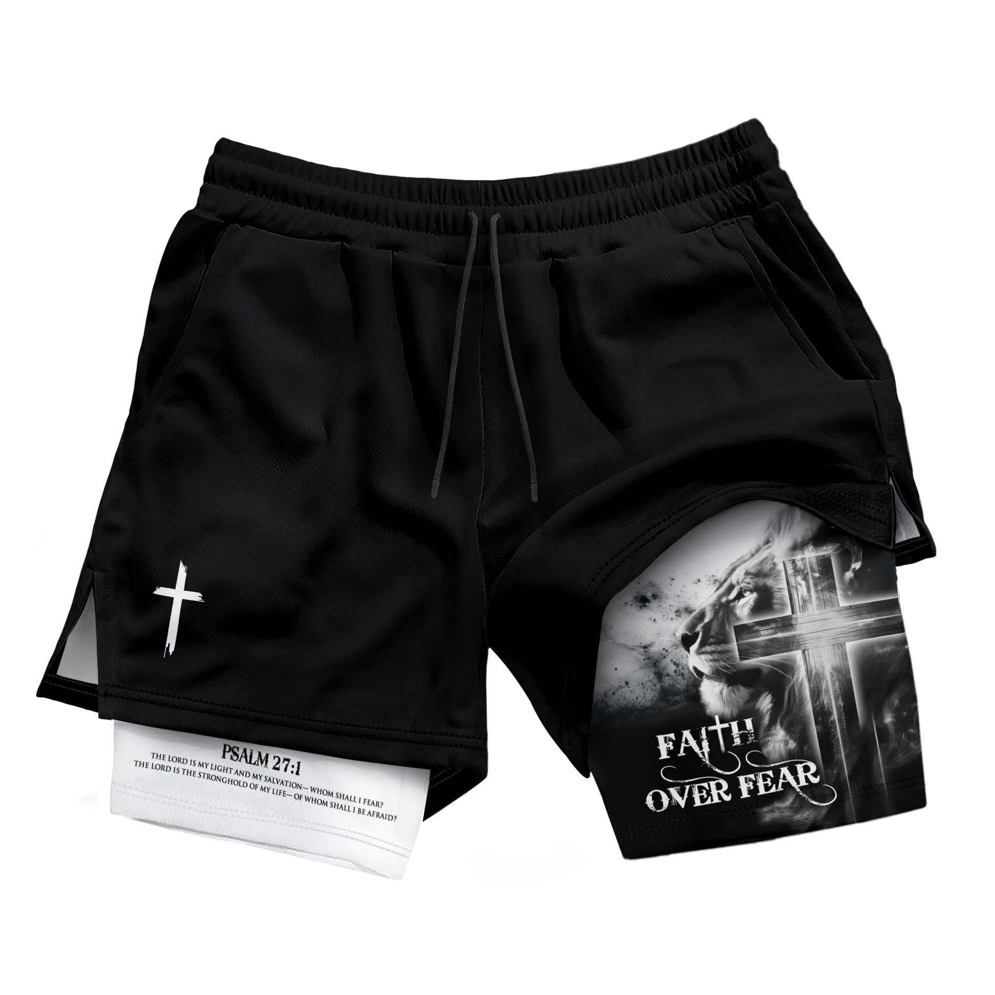 Faith Over Fear Christian Gym Shorts for Men – Psalm 27:1 Lion Cross - Rust Field Wear