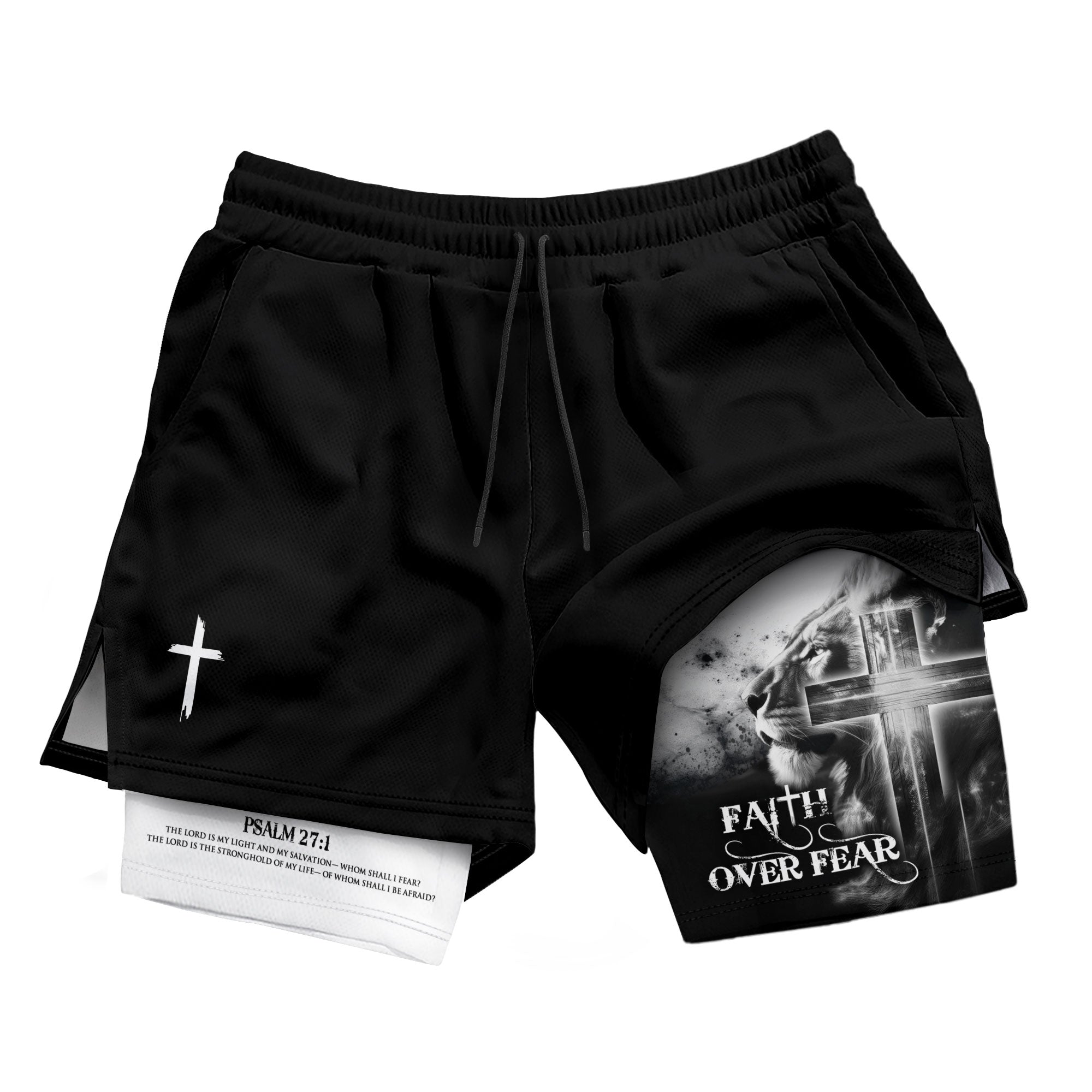 Faith Over Fear Christian Gym Shorts for Men – Psalm 27:1 Lion Cross - Rust Field Wear