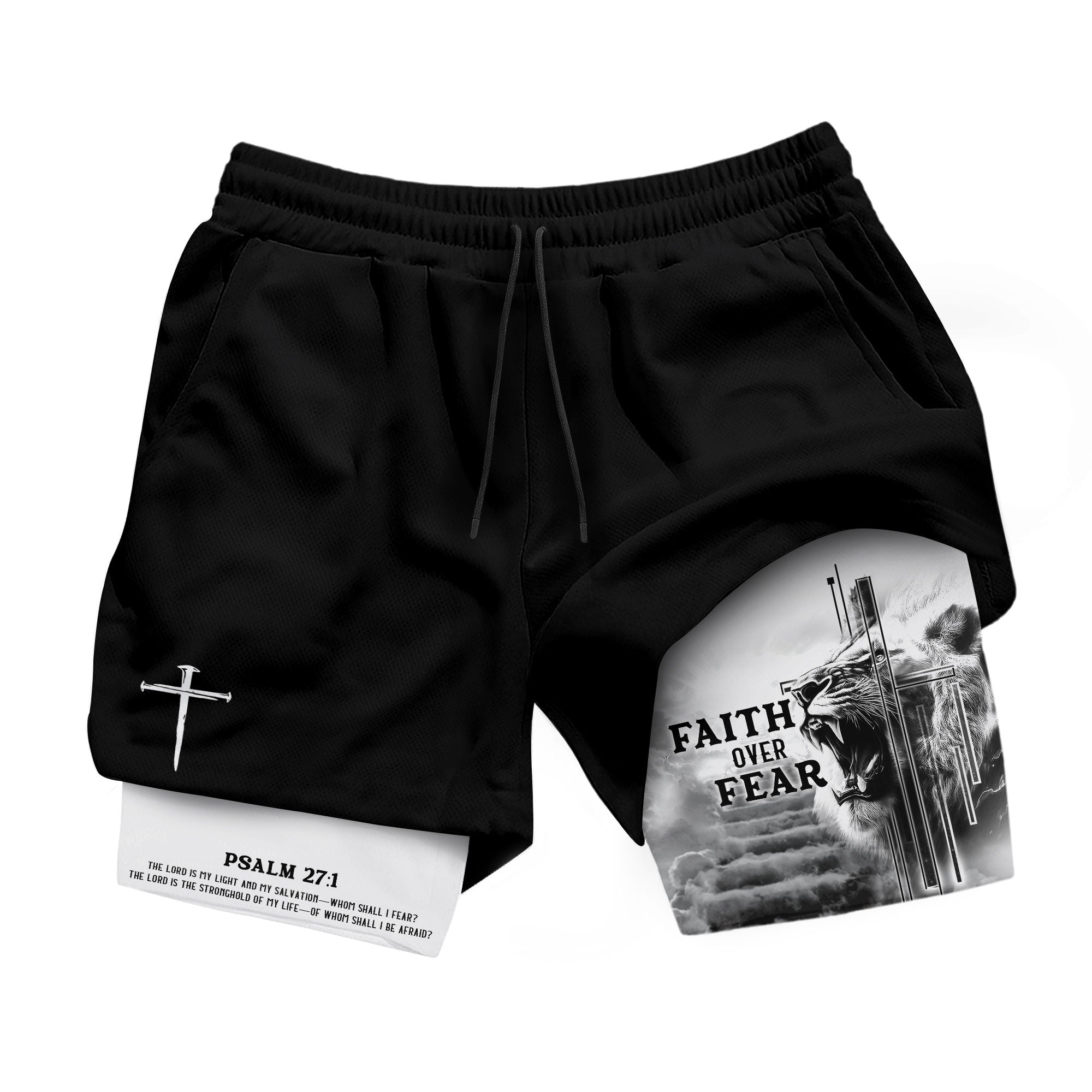Faith Over Fear Christian Gym Shorts Psalm 27 1 Lion Cross