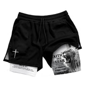 Faith Over Fear Christian Gym Shorts Psalm 27:1 Lion Cross - Rust Field Wear