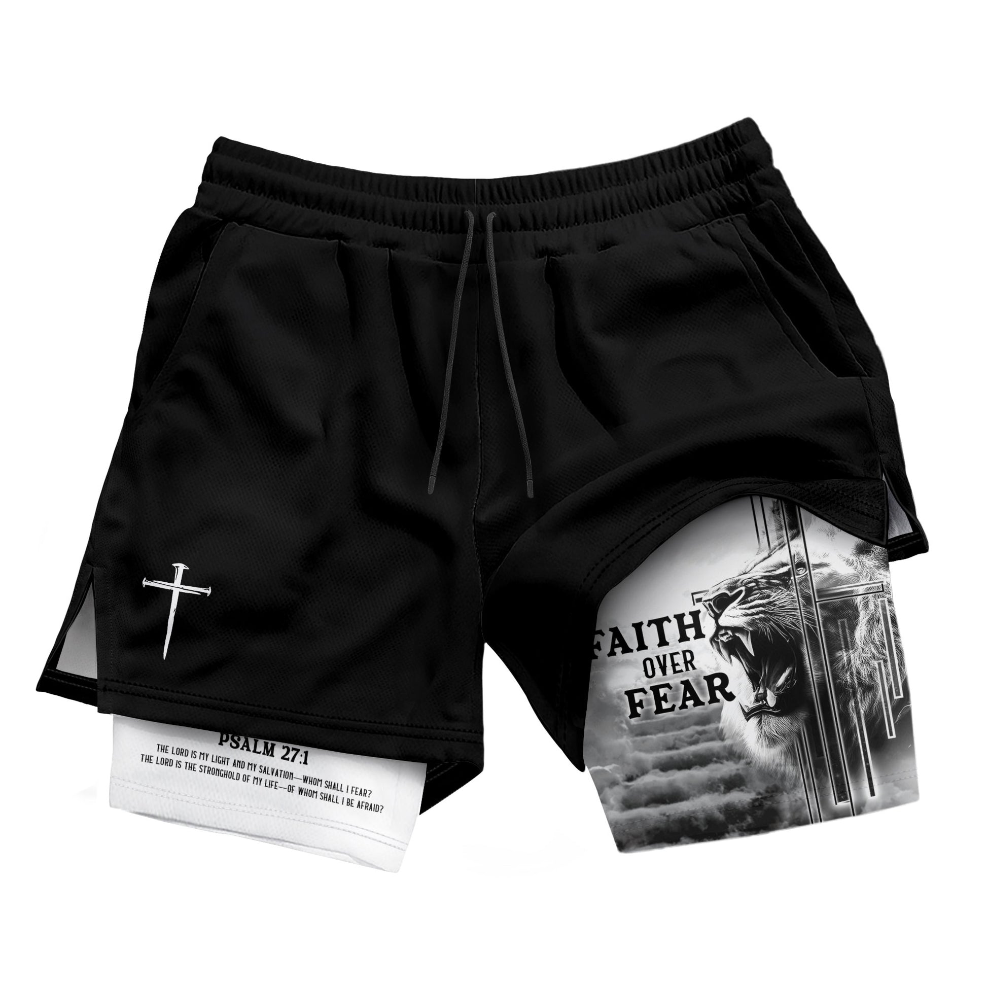 Faith Over Fear Christian Gym Shorts Psalm 27:1 Lion Cross - Rust Field Wear