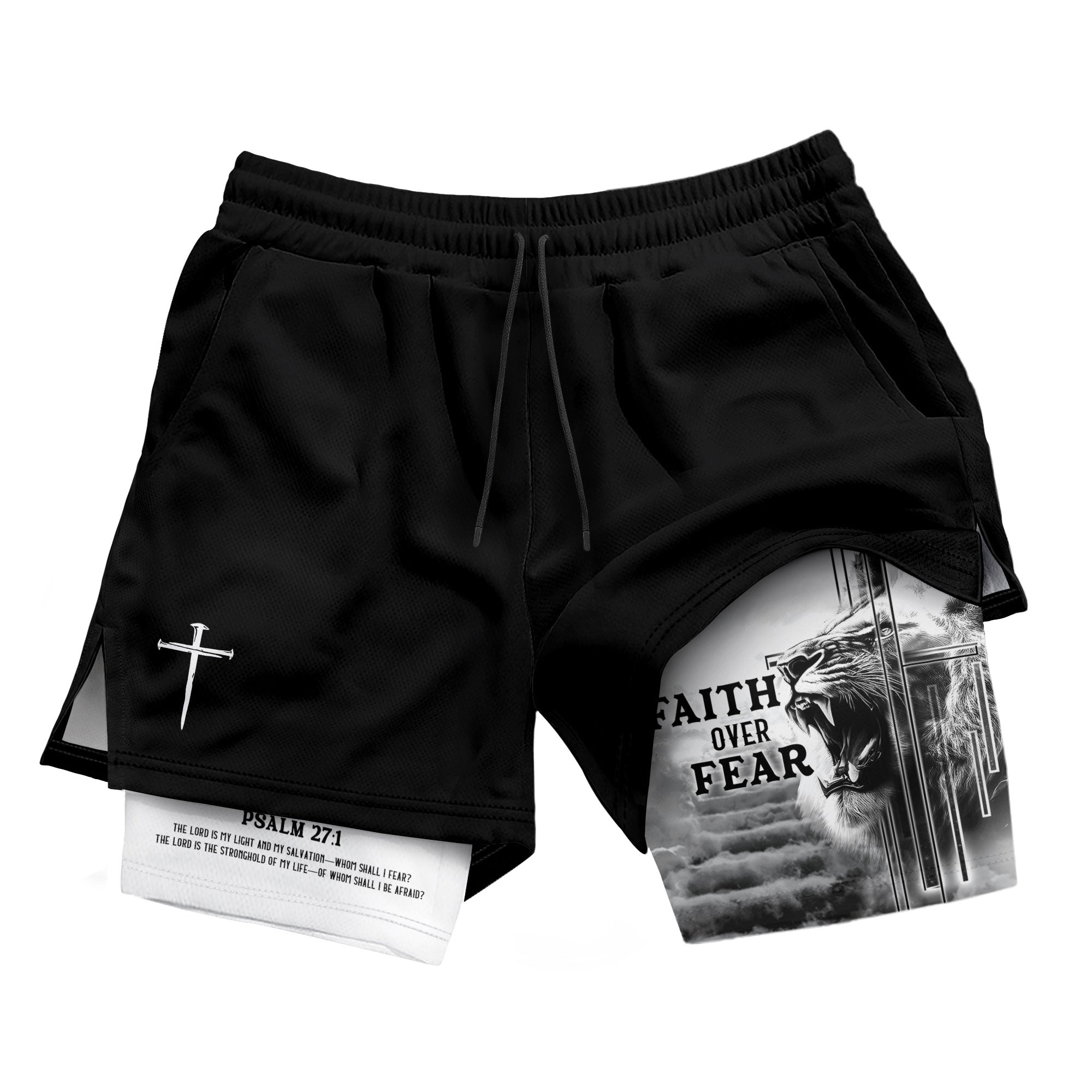 Faith Over Fear Christian Gym Shorts Psalm 27:1 Lion Cross - Rust Field Wear