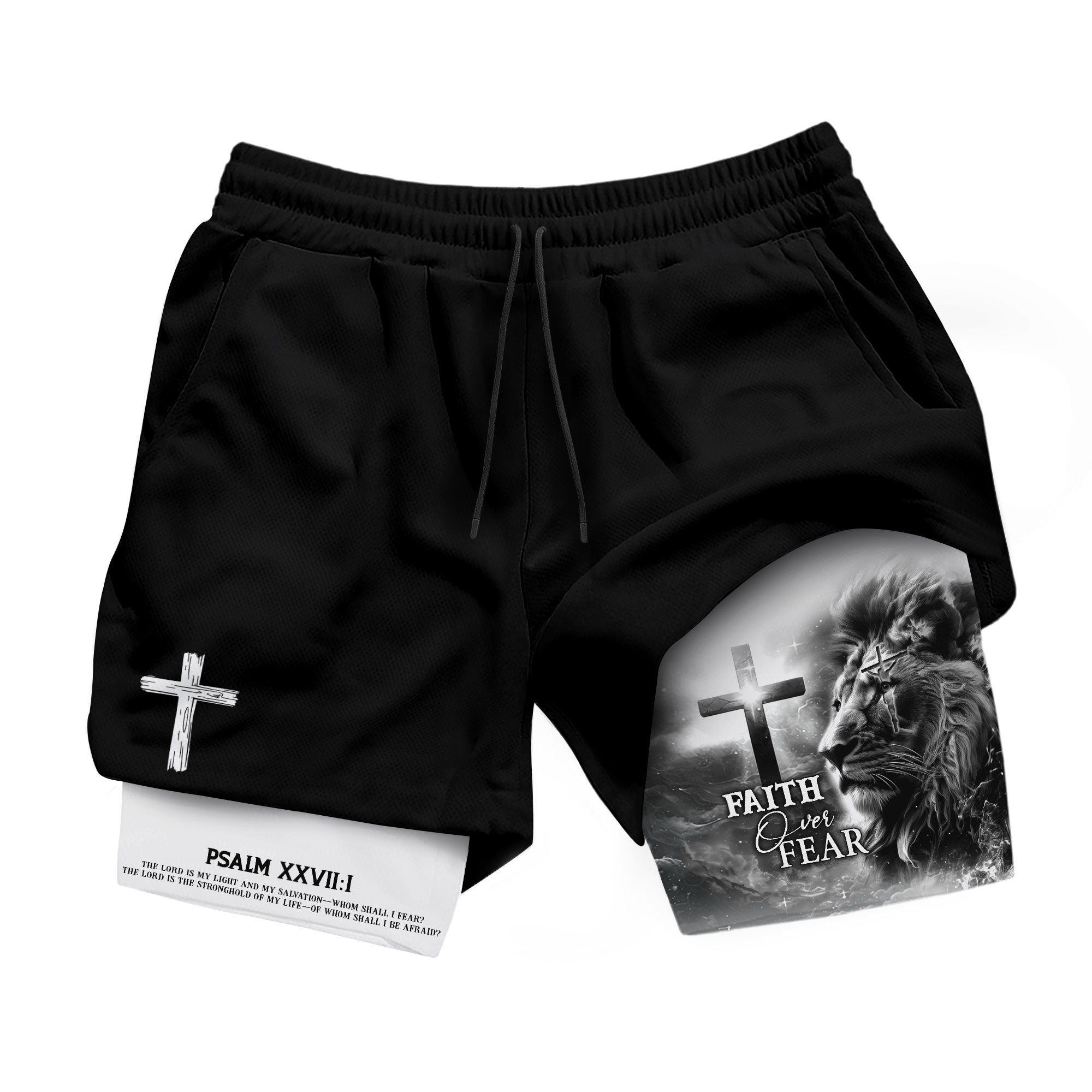 Faith Over Fear Psalm 27 1 Lion Cross Christian Gym Shorts