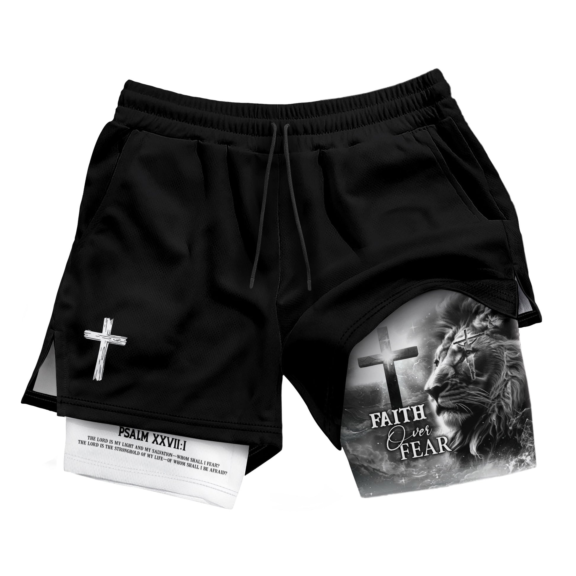 Faith Over Fear Psalm 27:1 Lion Cross Christian Gym Shorts - Rust Field Wear