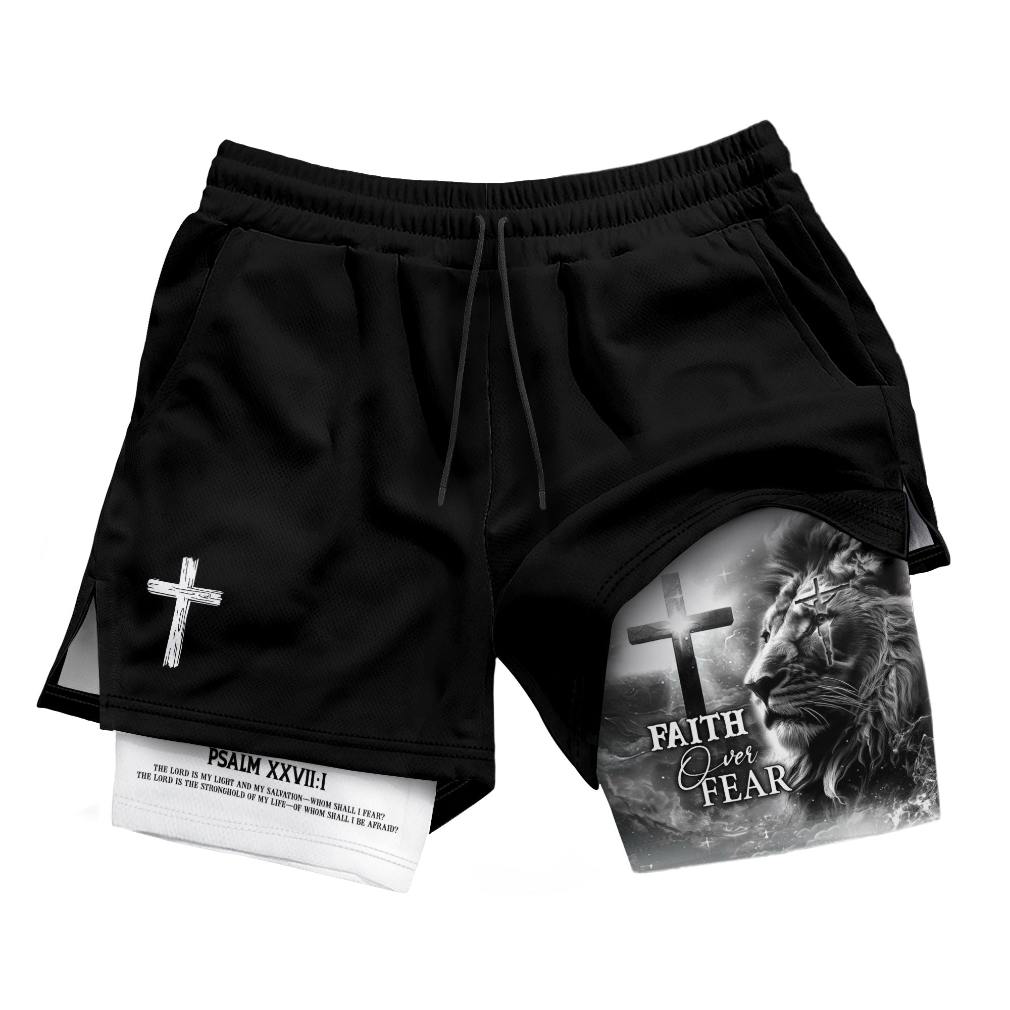 Faith Over Fear Psalm 27:1 Lion Cross Christian Gym Shorts - Rust Field Wear