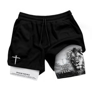 Faith Over Fear Psalm 27:1 Lion Cross Design Christian Gym Shorts