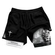 Faith Over Fear Psalm 27:1 Lion Cross Design Christian Gym Shorts - Rust Field Wear