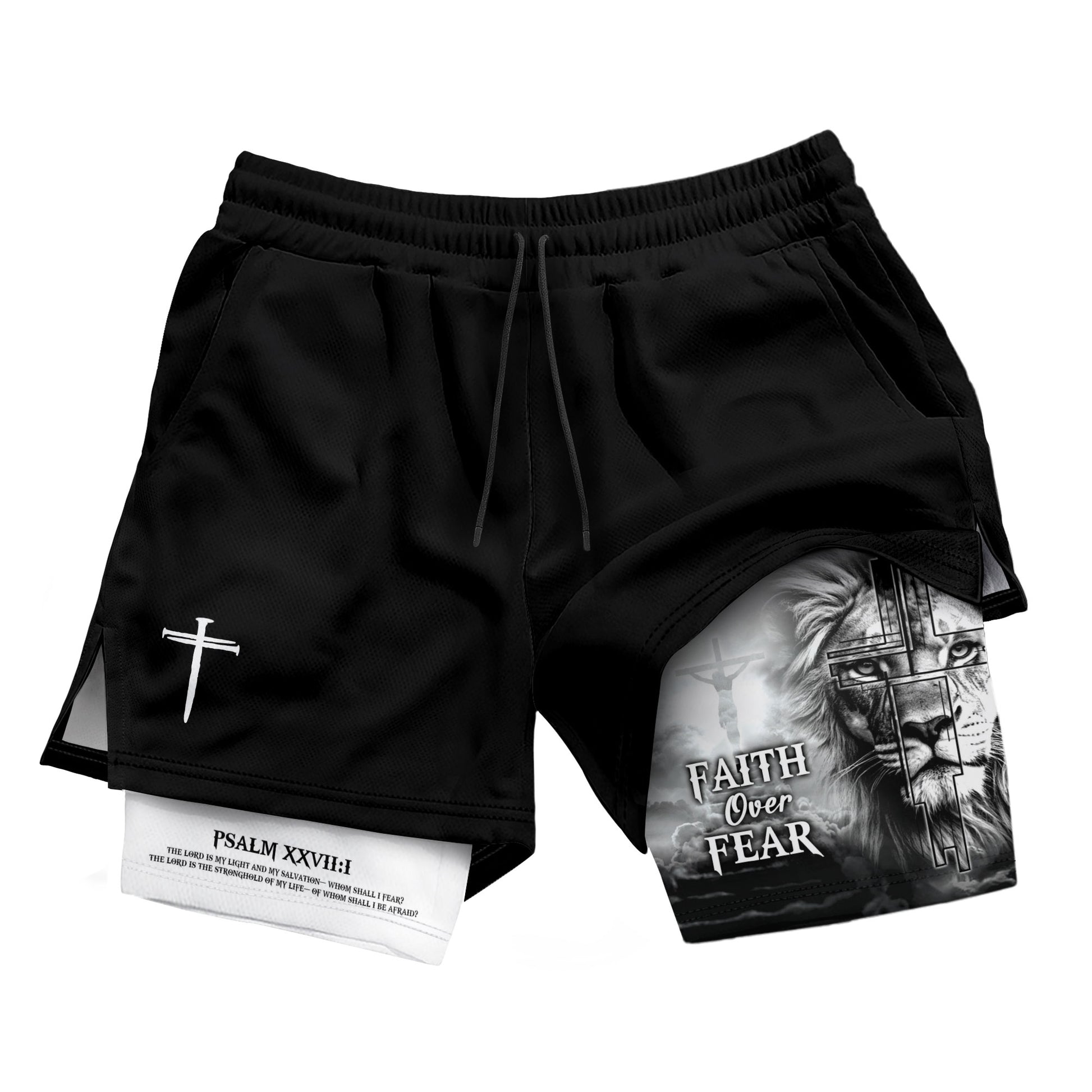 Faith Over Fear Psalm 27:1 Lion Cross Design Christian Gym Shorts - Rust Field Wear