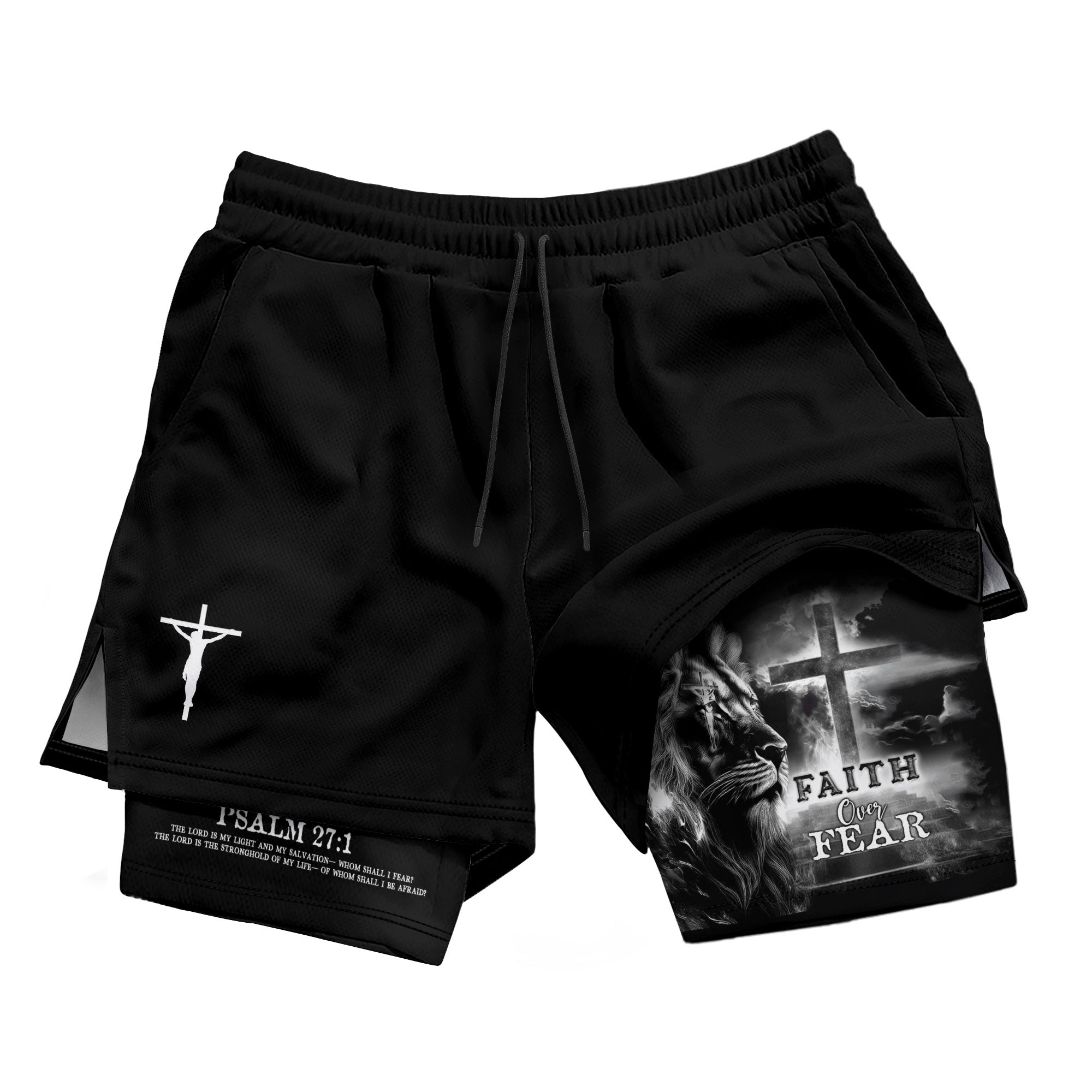 Faith Over Fear Psalm 27:1 Jesus Cross Lion Christian Gym Shorts - Rust Field Wear