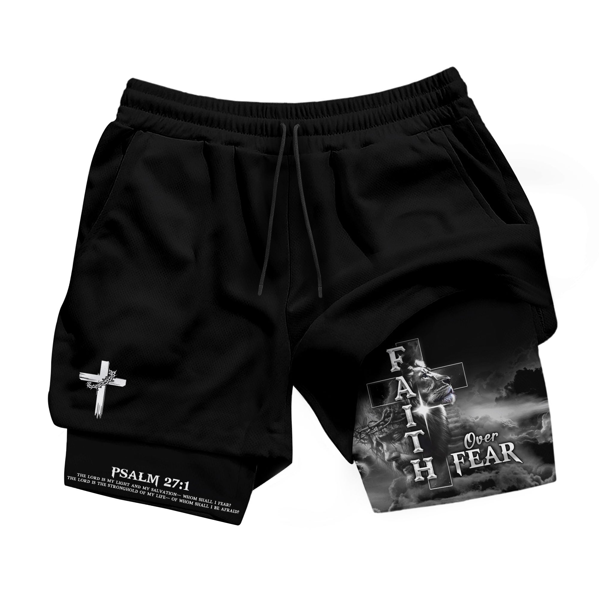 Faith Over Fear Psalm 27 1 Lion Cross Christian Gym Shorts for Men