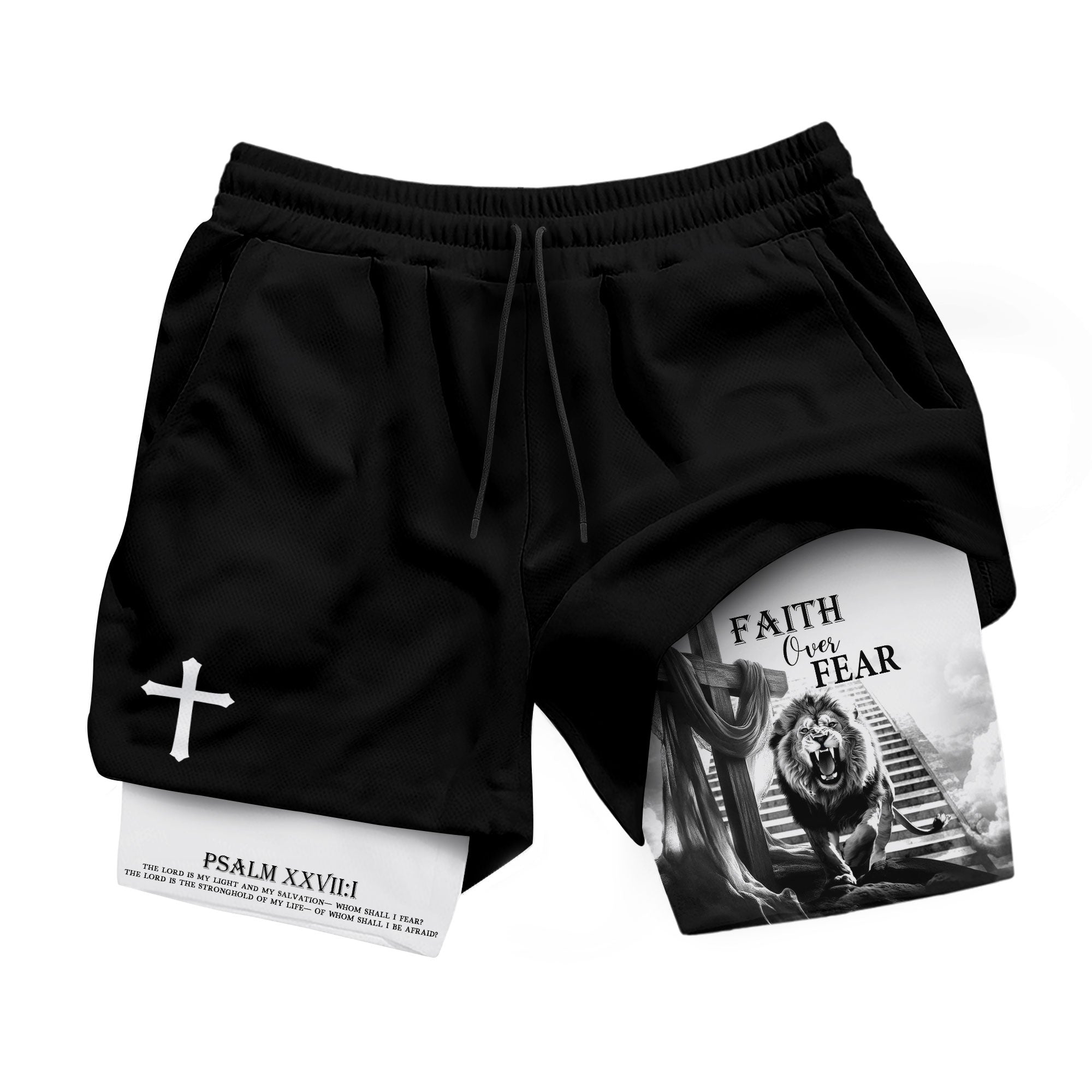 Faith Over Fear Christian Gym Shorts for Men Jesus Cross Bible Verse