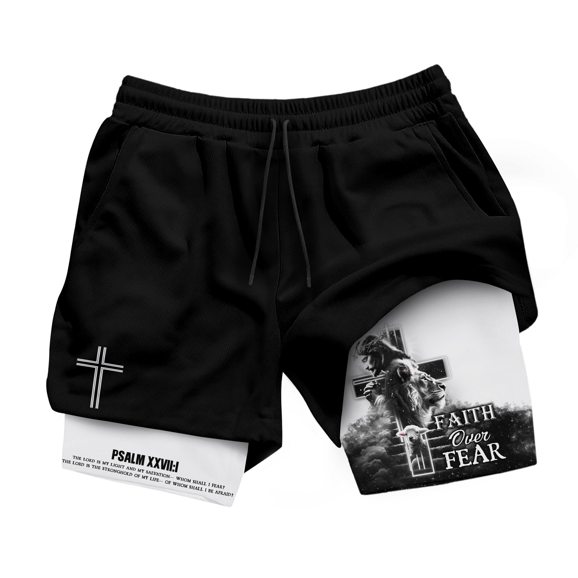 Psalm 27 1 Faith Over Fear Christian Gym Shorts for Men Lion Cross Design