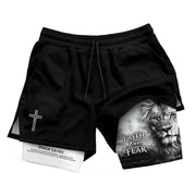 Psalm 27:1 Faith Over Fear Christian Gym Shorts for Men Lion Cross Design - Rust Field Wear