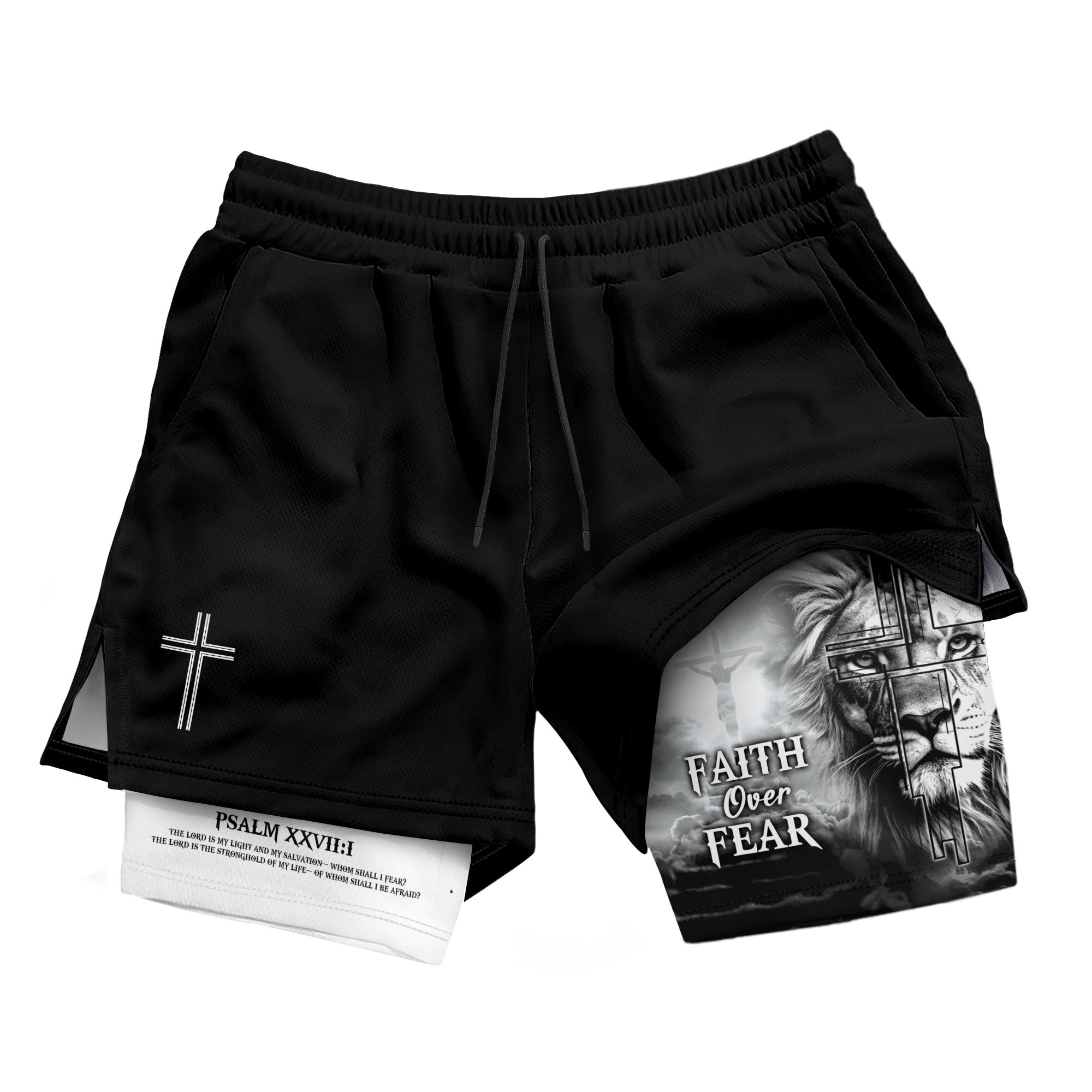 Psalm 27:1 Faith Over Fear Christian Gym Shorts for Men Lion Cross Design - Rust Field Wear