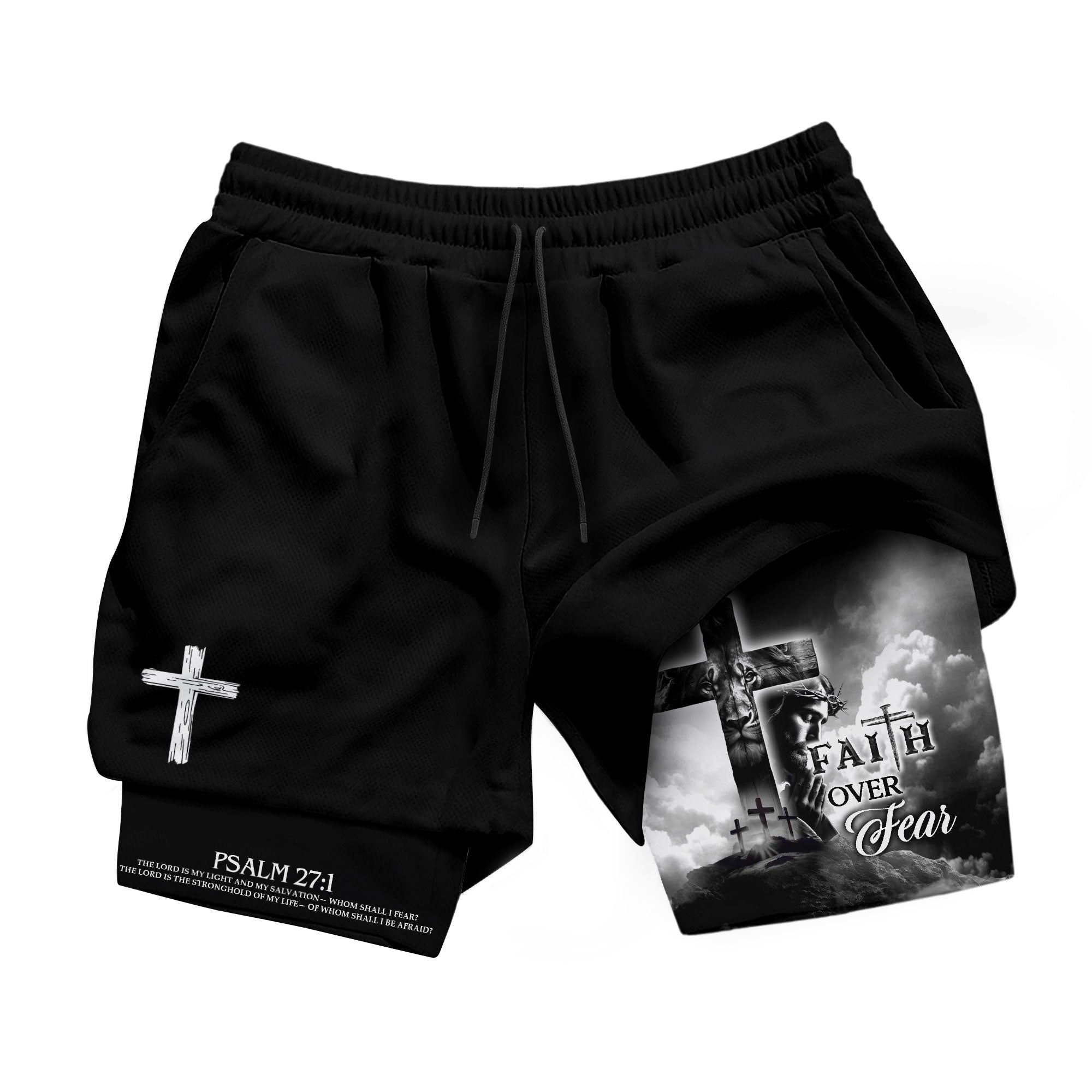 Faith Over Fear Christian Gym Shorts for Men Psalm 27 1 Cross of Jesus