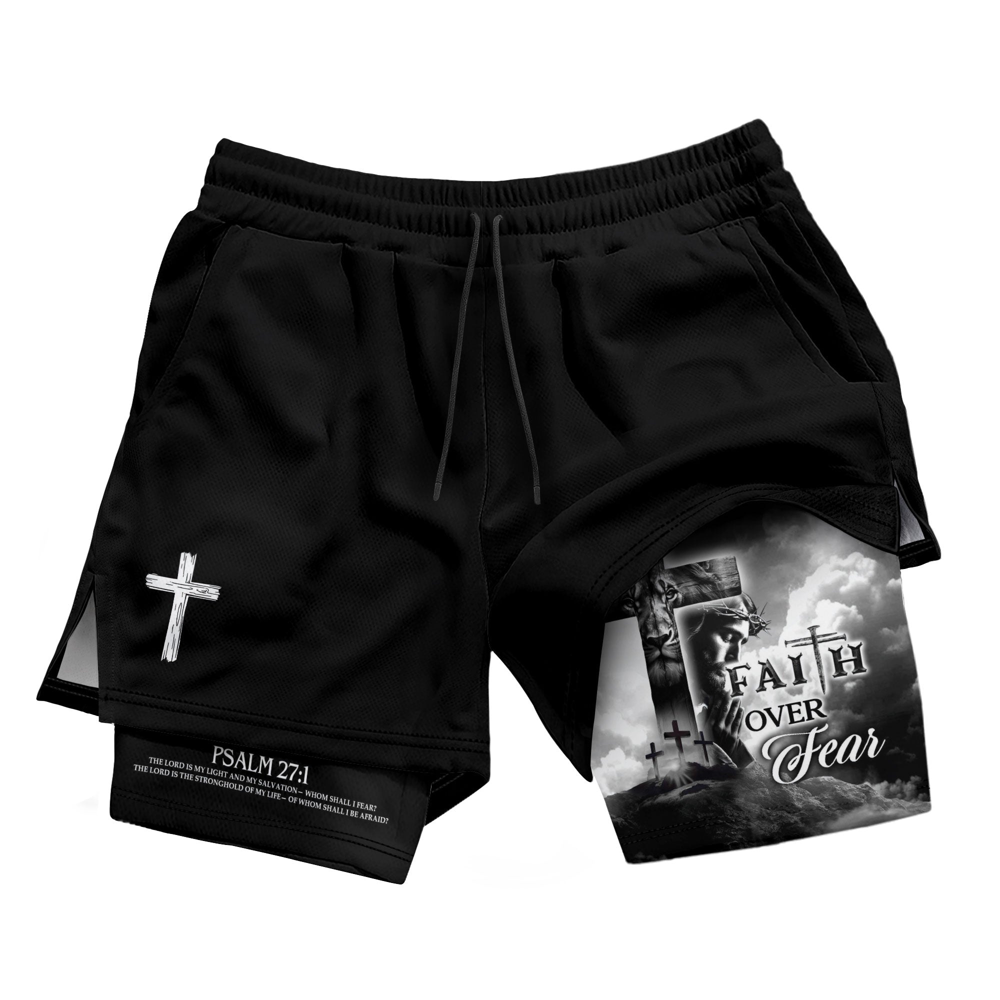 Faith Over Fear Christian Gym Shorts for Men Psalm 27:1 Cross of Jesus - Rust Field Wear