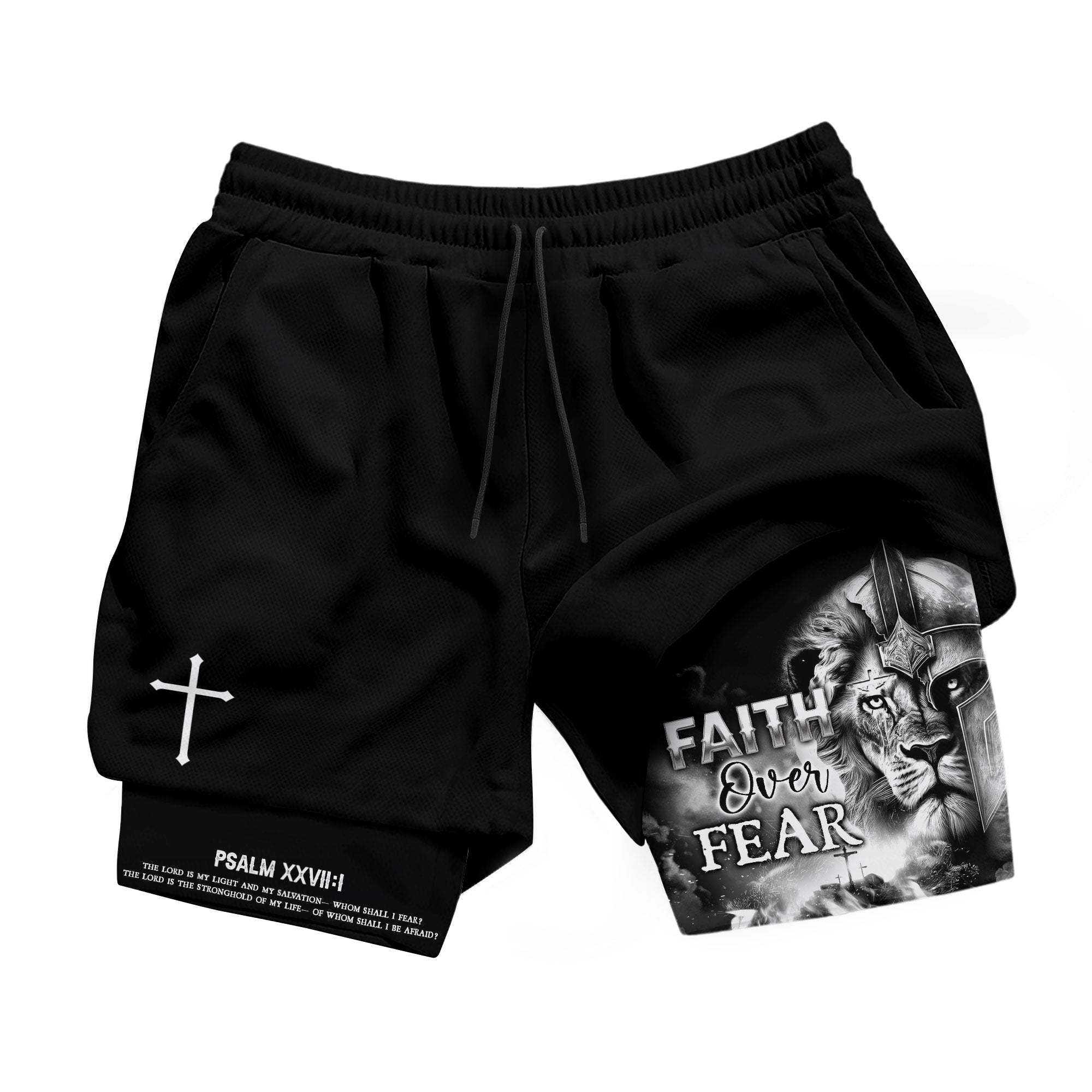 Psalm 27 1 Faith Over Fear Christian Gym Shorts for Men Warrior Cross Design