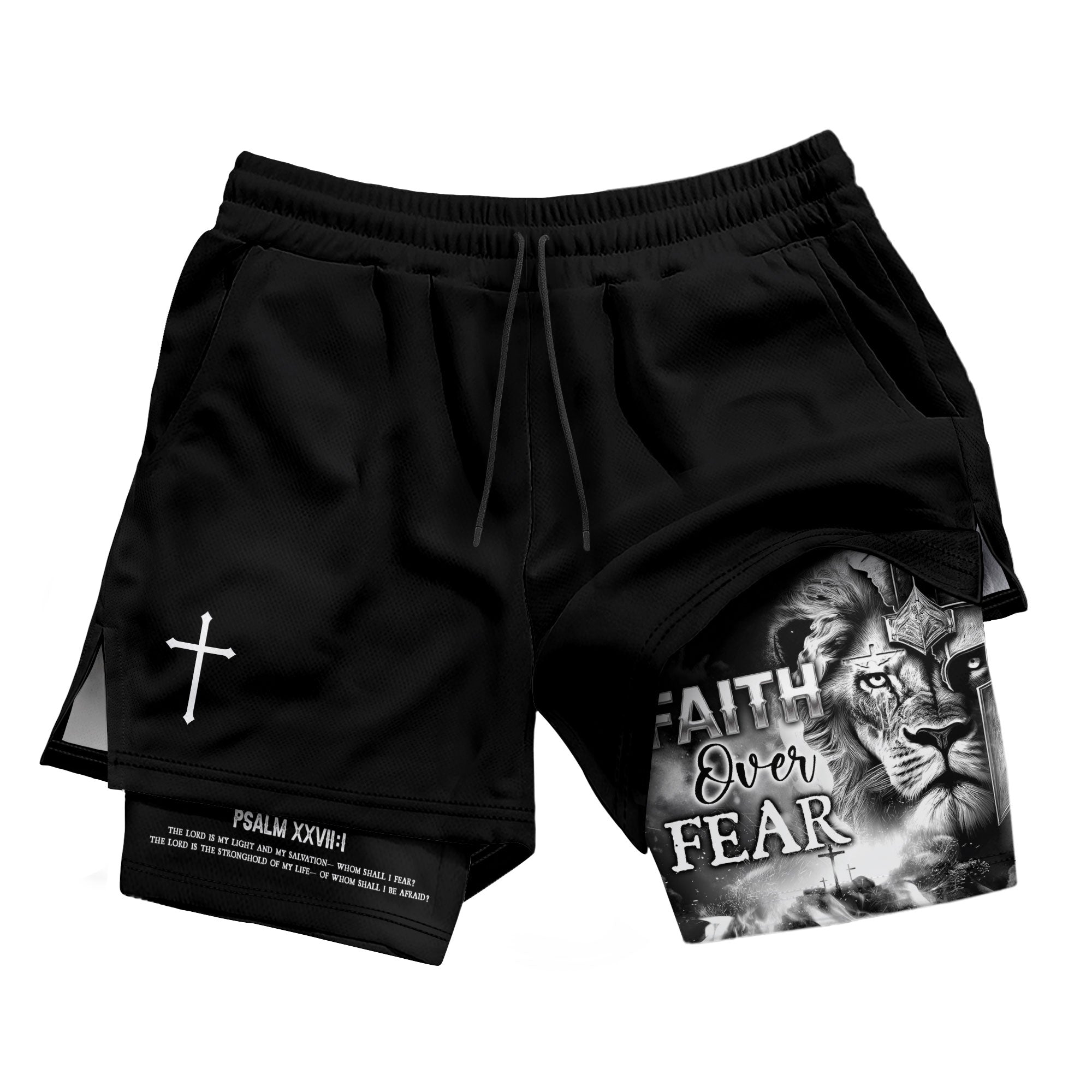 Psalm 27:1 Faith Over Fear Christian Gym Shorts for Men Warrior Cross Design - Rust Field Wear