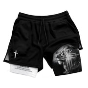 Joshua 1:9 Christian Gym Shorts for Men Lion Cross Bible Verse - Rust Field Wear