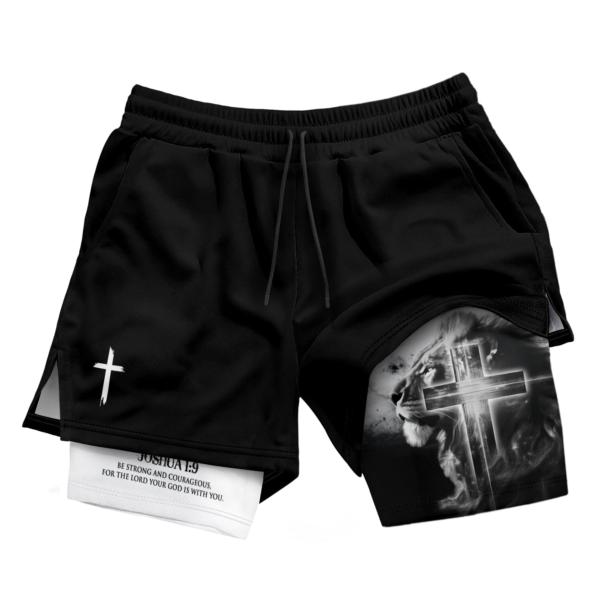 Joshua 1:9 Christian Gym Shorts for Men Lion Cross Bible Verse - Rust Field Wear