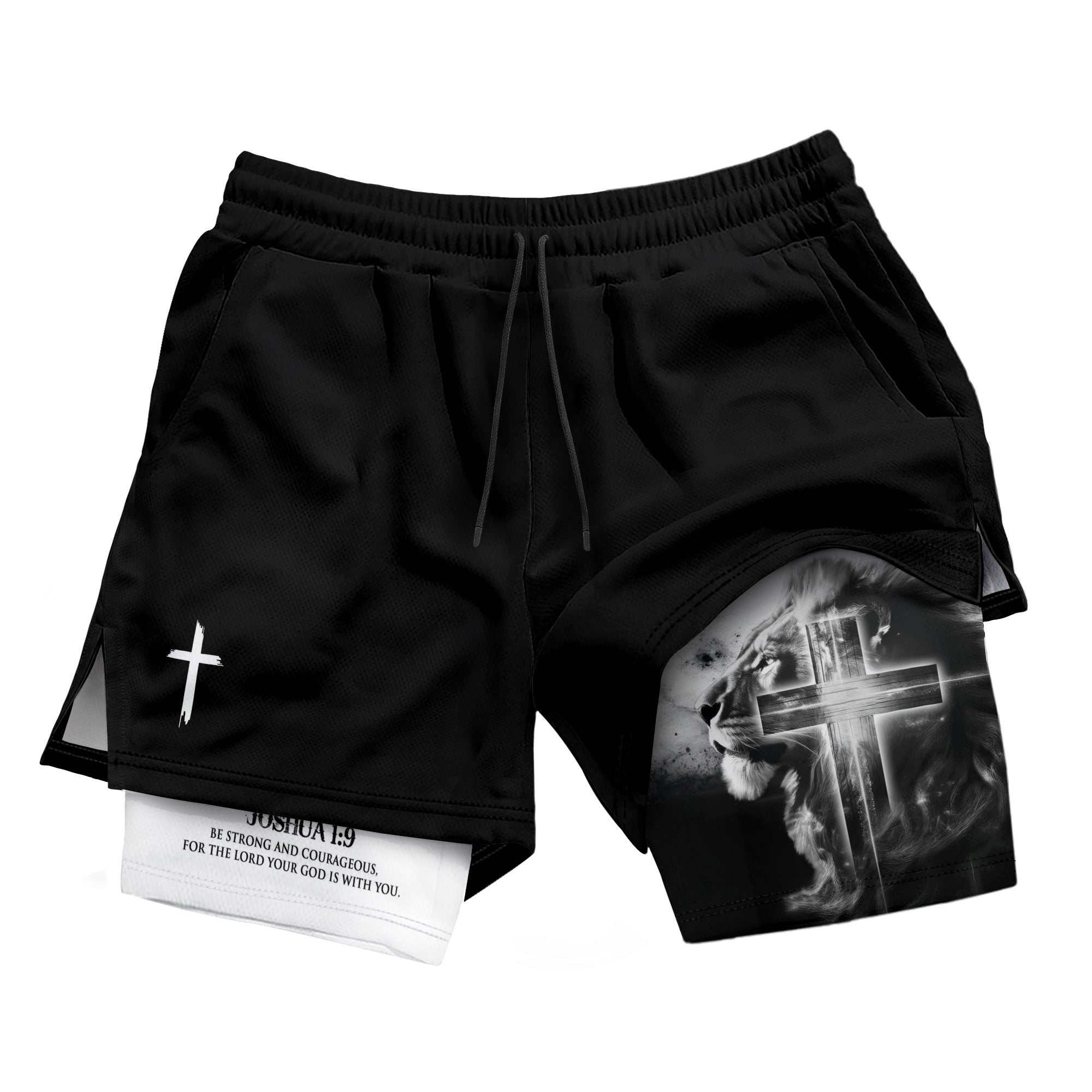 Joshua 1:9 Christian Gym Shorts for Men Lion Cross Bible Verse - Rust Field Wear