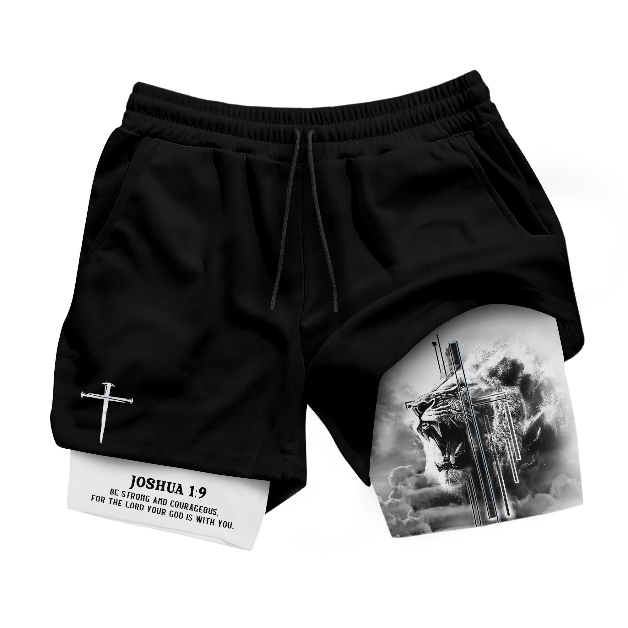 Joshua 1 9 Christian Gym Shorts for Men Lion Cross Faith Design