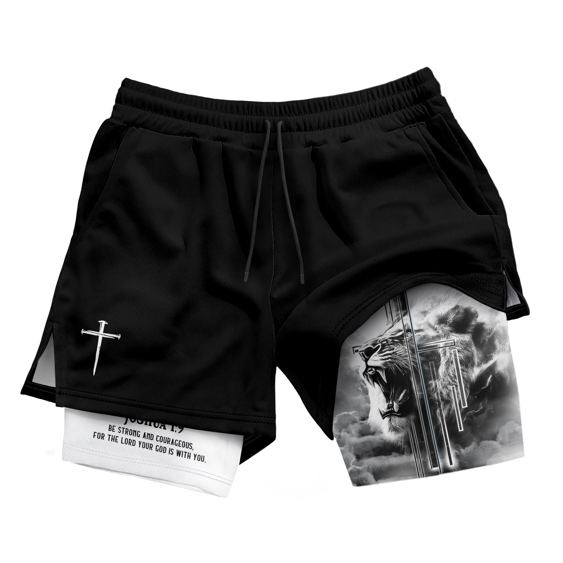 Joshua 1:9 Christian Gym Shorts for Men Lion Cross Faith Design - Rust Field Wear