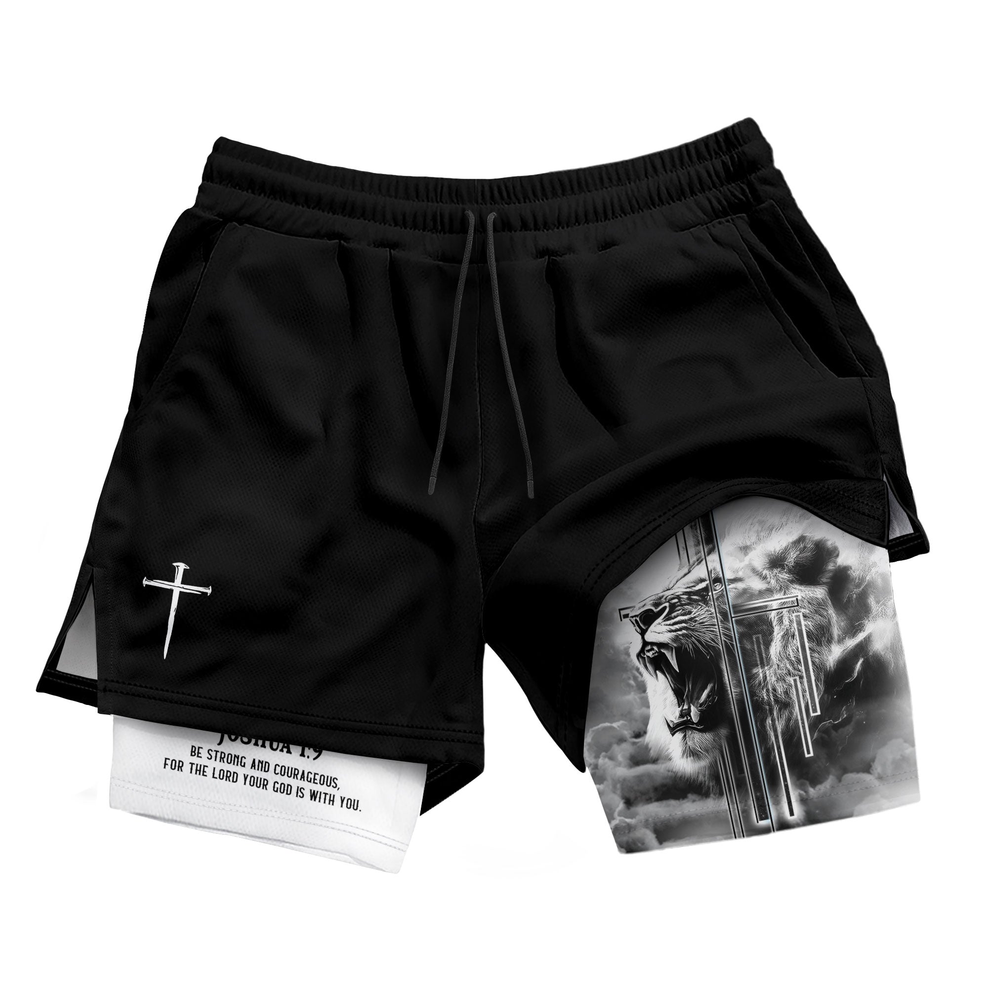 Joshua 1:9 Christian Gym Shorts for Men Lion Cross Faith Design - Rust Field Wear
