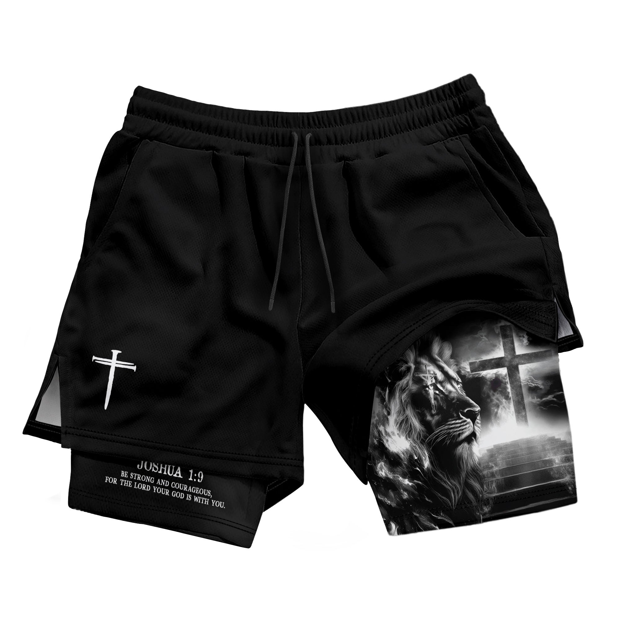 Joshua 1:9 Christian Gym Shorts for Men Lion Cross Faith Strength - Rust Field Wear