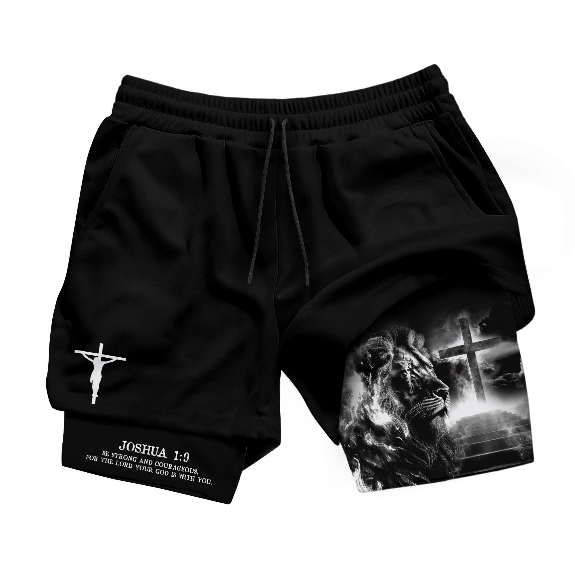Joshua 1 9 Christian Gym Shorts for Men Lion Cross Crucifix Design