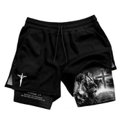 Joshua 1:9 Christian Gym Shorts for Men Lion Cross Crucifix Design - Rust Field Wear