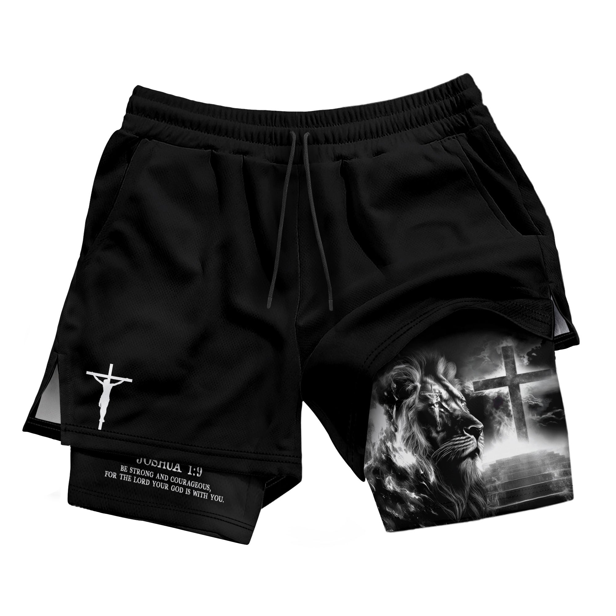 Joshua 1:9 Christian Gym Shorts for Men Lion Cross Crucifix Design - Rust Field Wear