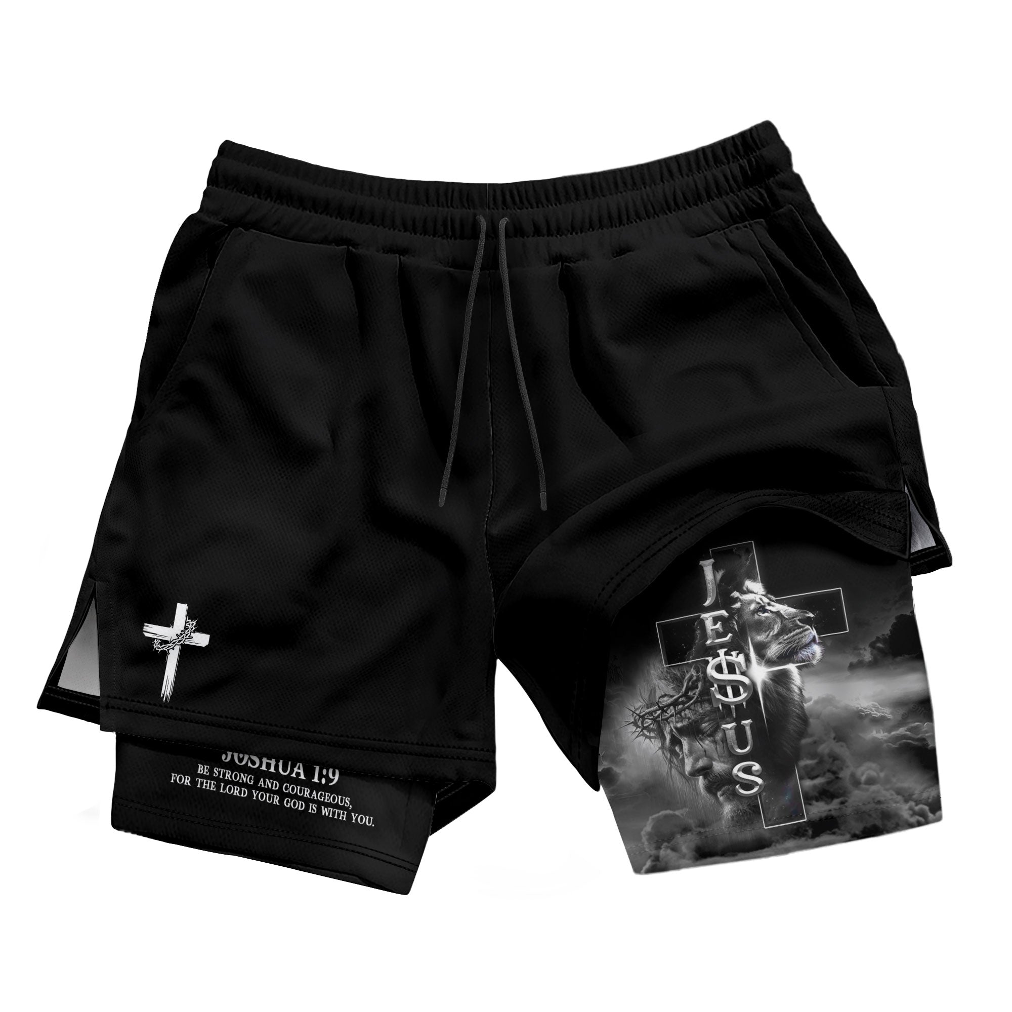 Joshua 1:9 Christian Gym Shorts for Men Jesus Lion Cross Design - Rust Field Wear