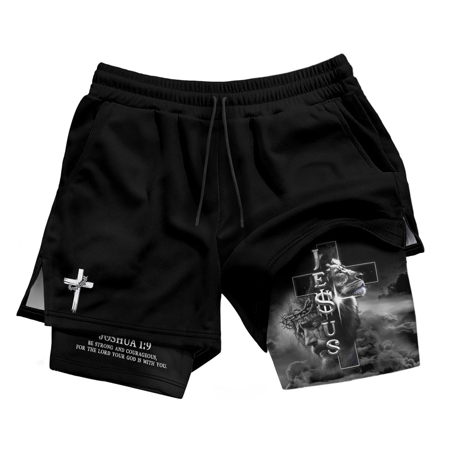 Joshua 1:9 Christian Gym Shorts for Men Jesus Lion Cross Design