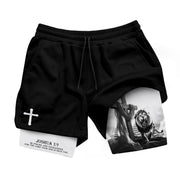 Joshua 1:9 Christian Gym Shorts for Men Lion Cross Courage Design