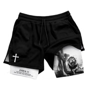Joshua 1:9 Christian Gym Shorts for Men Lion Cross Courage Design - Rust Field Wear