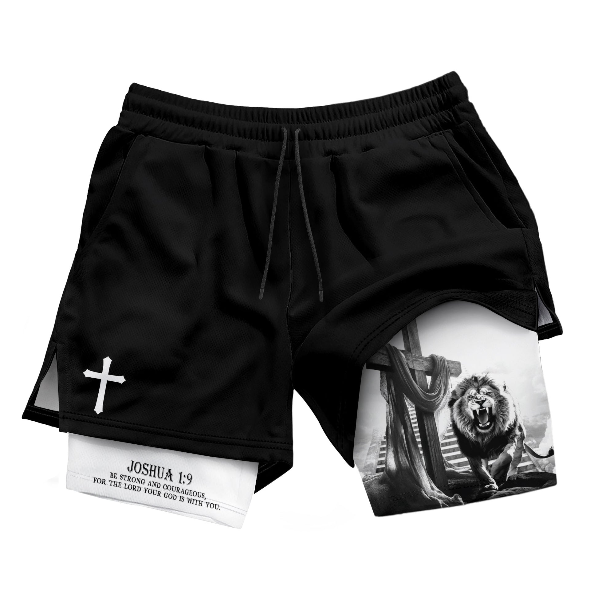 Joshua 1:9 Christian Gym Shorts for Men Lion Cross Courage Design - Rust Field Wear