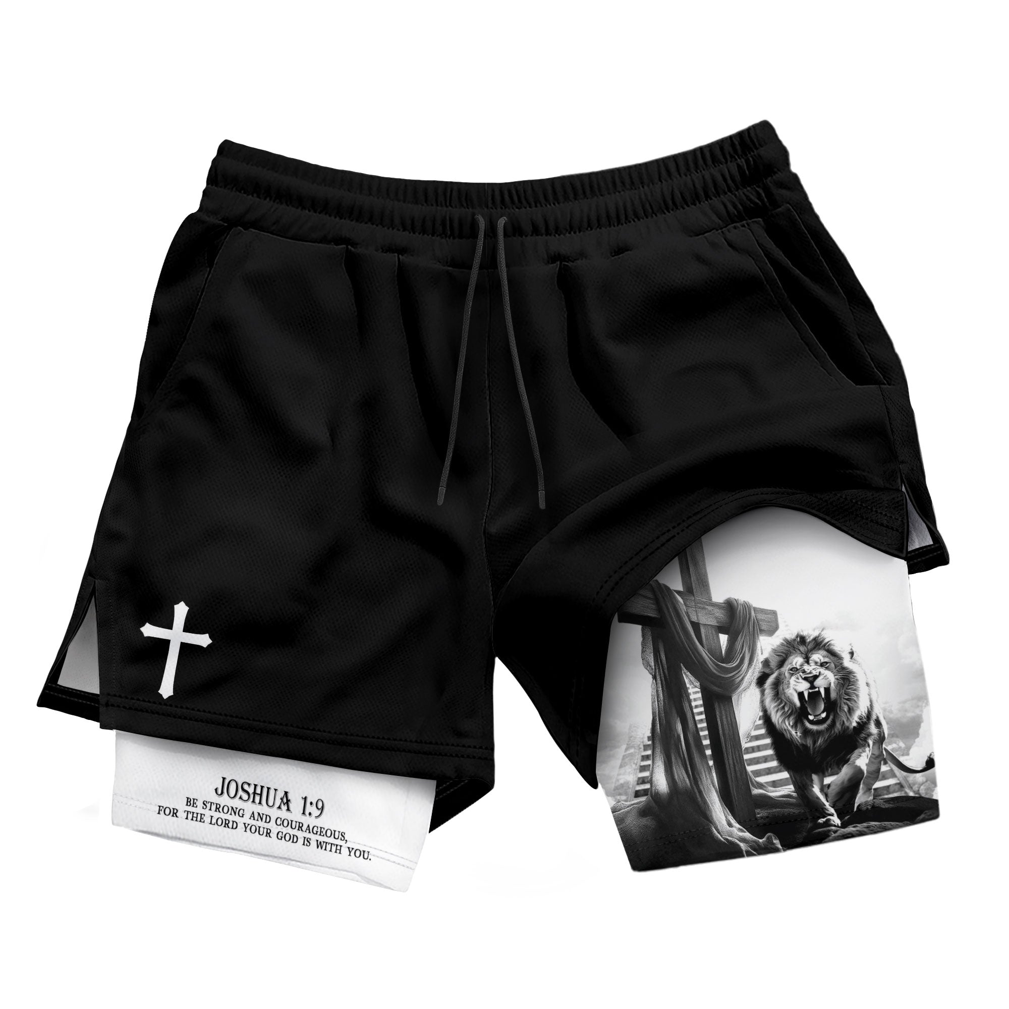 Joshua 1:9 Christian Gym Shorts for Men Lion Cross Courage Design - Rust Field Wear