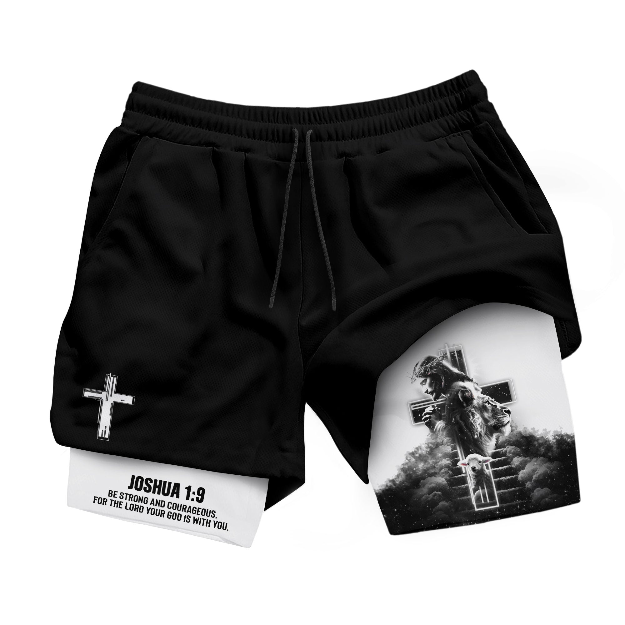 Joshua 1 9 Christian Gym Shorts for Men Jesus Cross Faith Design