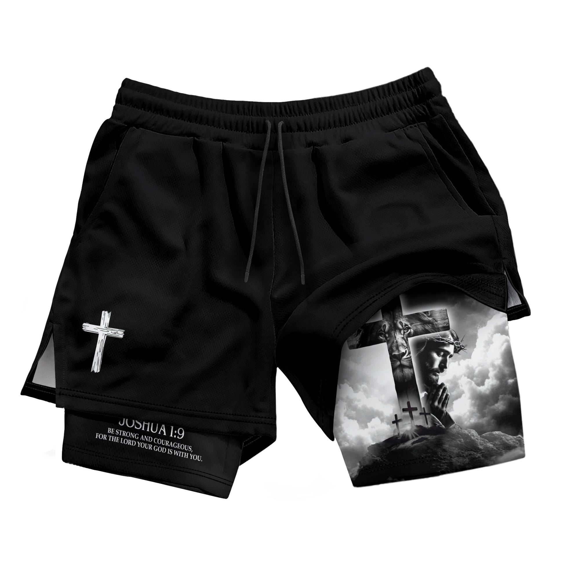 Joshua 1:9 Christian Gym Shorts for Men Jesus Cross Prayer Design - Rust Field Wear
