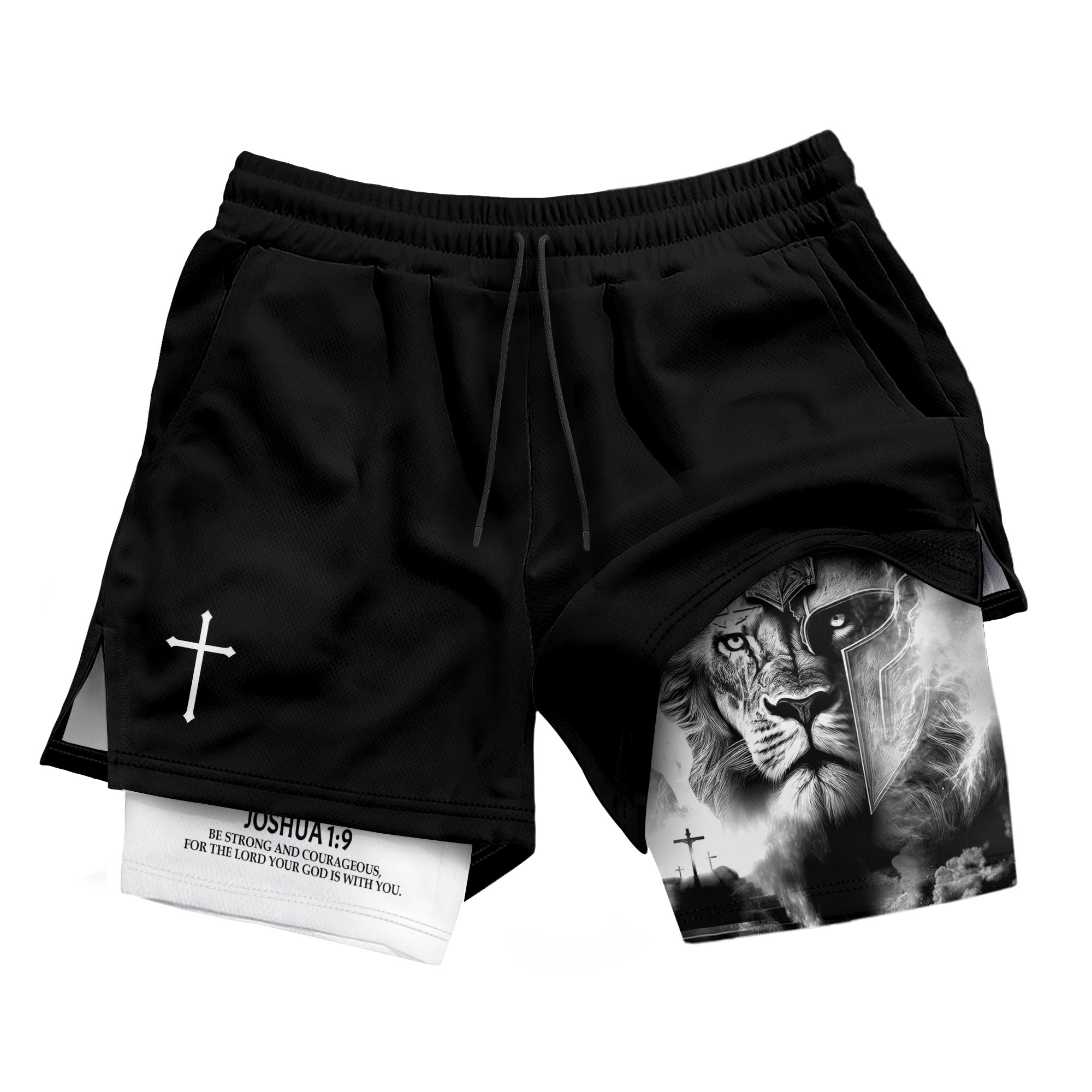 Joshua 1:9 Christian Gym Shorts for Men Lion Warrior Cross Design - Rust Field Wear
